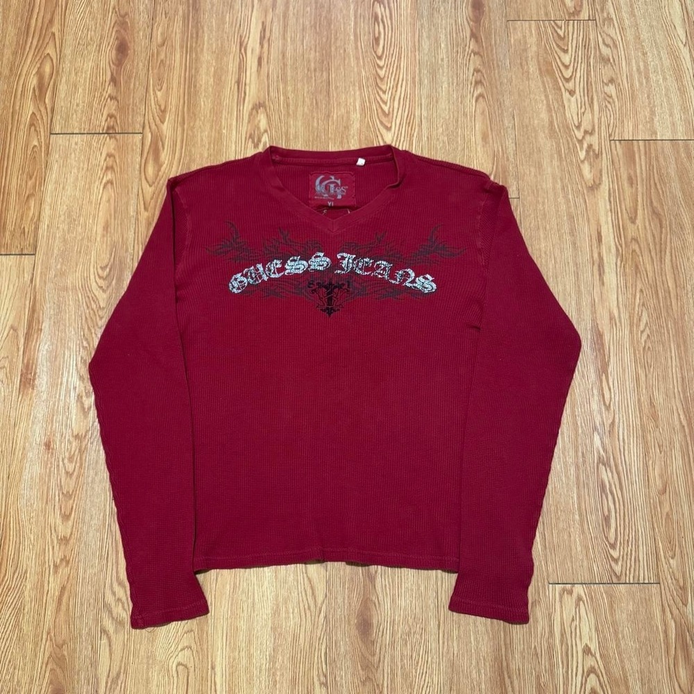 Guess Jeans Women's Thermal Long Sleeve Shirt XL Red Y2K Cross Gothic